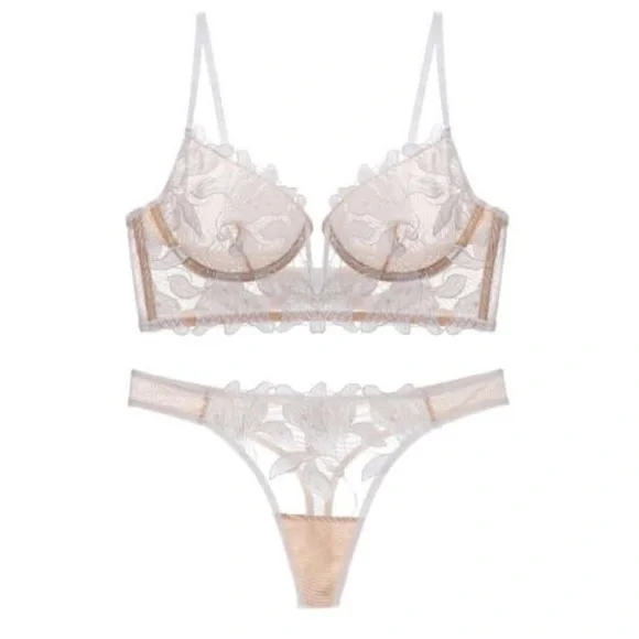 IZA Lotus Ivory Satin Embroidered Over Sheer Mesh Deep V Bustier Bra & Panties - Picture 13 of 15